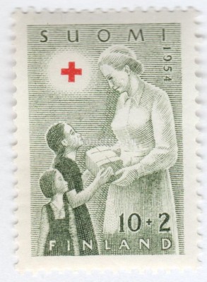 марка Финляндия 10+2 марки "Red Cross Nurse giving Gifts to Children" 1954 год