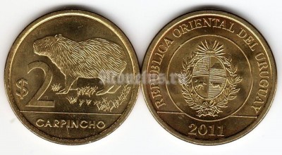 монета Уругвай 2 песо 2011 год Капибара