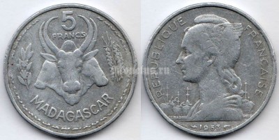 монета Мадагаскар 5 франков 1953 год