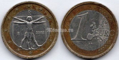 монета Италия 1 евро 2002 год