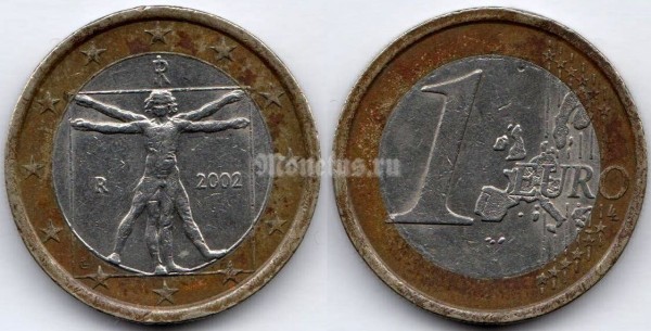 монета Италия 1 евро 2002 год