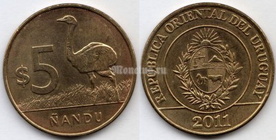 монета Уругвай 5 песо 2011 год Нанду/Африканский страус