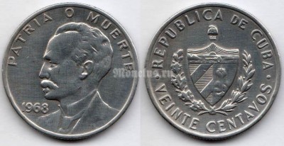 монета Куба 20 сентаво 1968 год - Хосе Марти