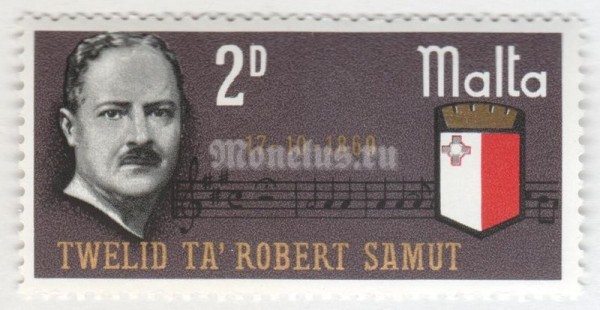 марка Мальта 2 пенни "Robert Samut (composer of Maltese National Anthem)" 1969 год