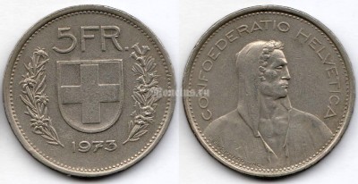 монета Швейцария 5 франков 1973 год