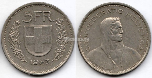 монета Швейцария 5 франков 1973 год