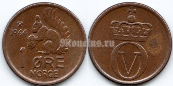 монета Норвегия 1 эре 1964 год Белка