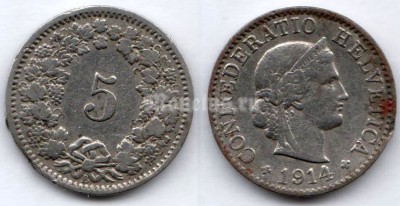 монета Швейцария 5 раппенов 1914 год