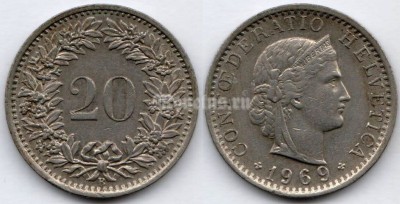 монета Швейцария 20 раппенов 1969 год