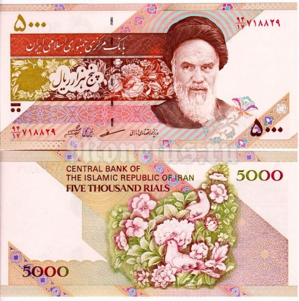 бона Иран 5000 риалов 1993 - 2006 год Цветы Птицы подпись № 1
