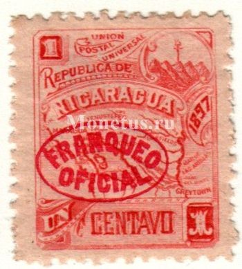 марка Никарагуа 1 сентаво 1897 год Карта страны с красной надпечаткой