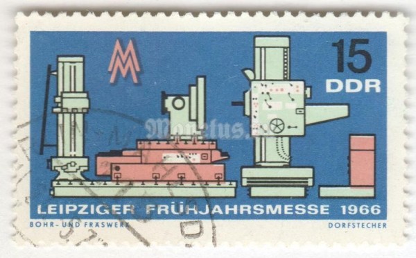 марка ГДР 15 пфенниг "Drilling and milling machine" 1966 год Гашение