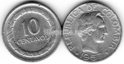 монета Колумбия 10 центаво 1967 год