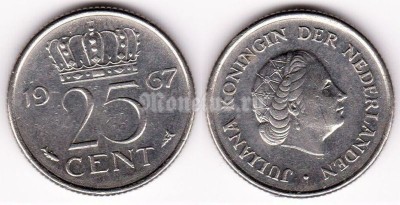 монета Нидерланды 25 центов 1967 год