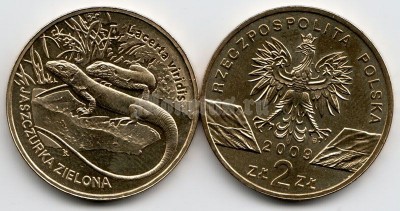 Польша 2 злотых 2009 год ящерица