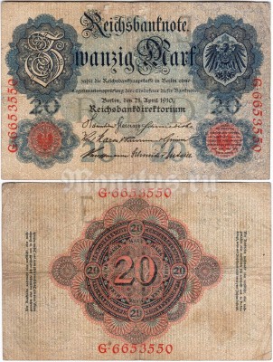 банкнота Германия 20 марок 1907-1914 год, из обращения