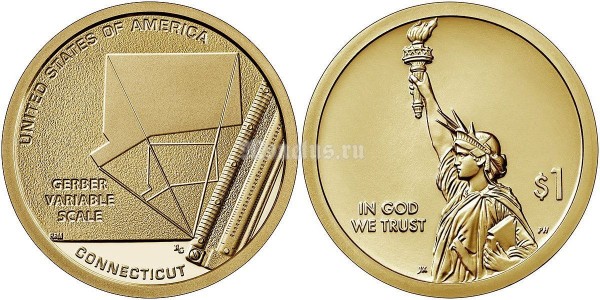 монета США 1 доллар 2020 год, серия Американские инновации (новаторы) "American innovators", Коннектикут, Шкала переменных Джозефа Гербера