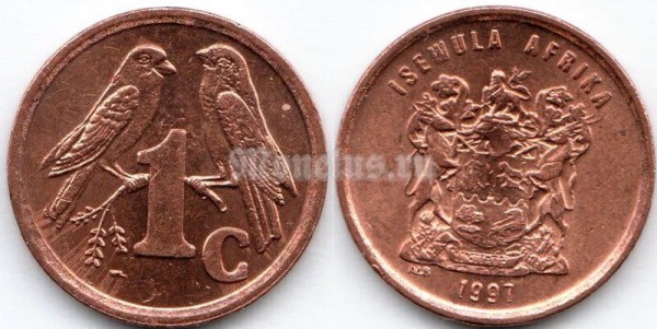 монета Южная Африка 1 цент 1997 год