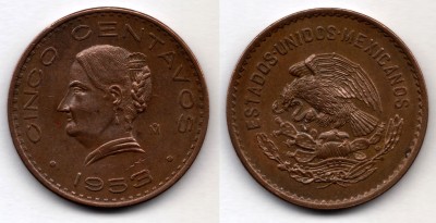 монета Мексика 5 сентаво 1953 год Хосефа Ортис де Домингес