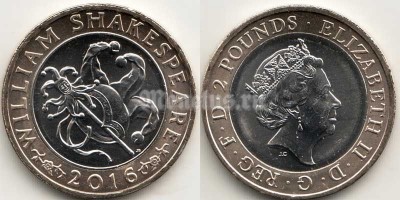 монета Великобритания 2 фунта 2016 год 400 лет со дня смерти Уильяма Шекспира. Комедия
