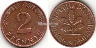 Монета Германия 2 пфеннига 1978 год D