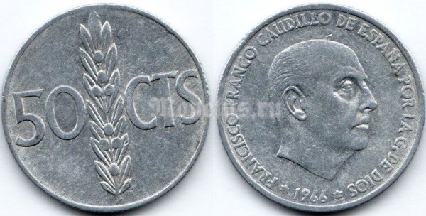 монета Испания 50 сентимо 1966 год