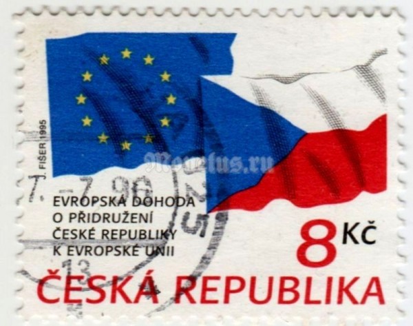 марка Чехия 8 крон "THE ASSOCIATION AGREEMENT BETWEEN THE CZECH REPUBLIC AND EU" 1995 год гашение