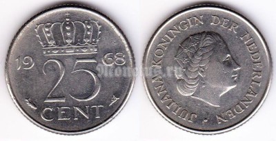 монета Нидерланды 25 центов 1968 год