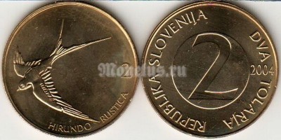 монета Словения 2 толаров 2004 год Деревенская ласточка