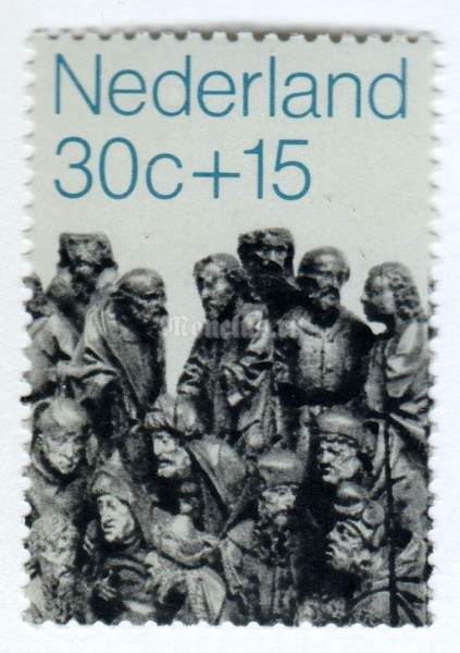 марка Нидерланды 30+15 центов "Wooden church statue: John the Baptist" 1971 год