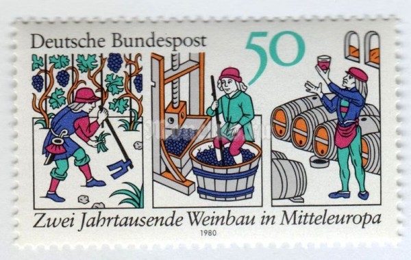 марка ФРГ 50 пфенниг "Wine-making (woodcuts)" 1980 год
