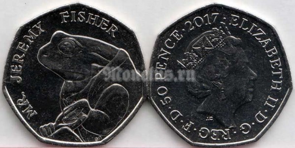 монета Великобритания 50 пенсов 2017 год - 150 лет со дня рождения Беатрис Поттер, Джереми Фишер