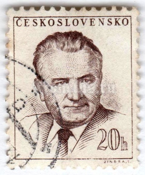 марка Чехословакия 20 геллер "Klement Gottwald (1896-1953), president" 1953 год Гашение