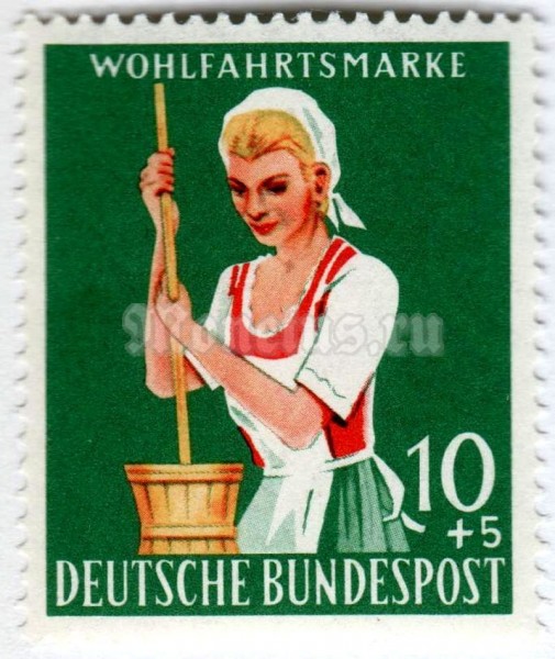 марка ФРГ 10+5 пфенниг "Herdswoman with butter churn" 1958 год