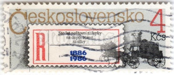 марка Чехословакия 4 кроны "Registration label and mail coach" 1986 год Гашение