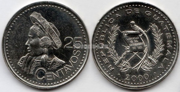 монета Гватемала 25 сентаво 2000 год