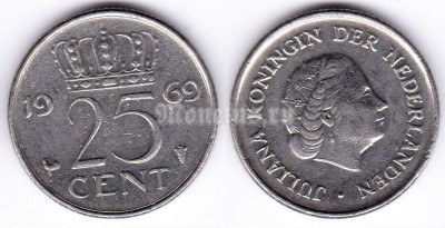 монета Нидерланды 25 центов 1969 год
