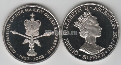 монета Остров Вознесения 50 пенсов 2003 год 50-летие коронации