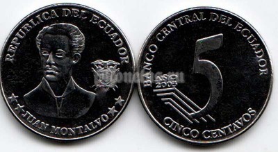 монета Эквадор 5 сентаво 2003 год Хуан Монтальво