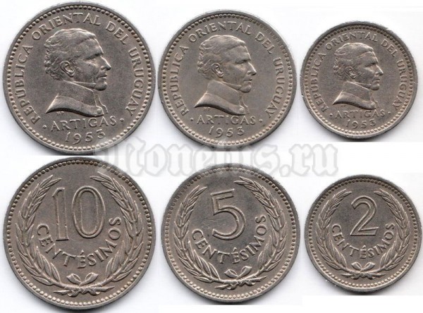 Уругвай набор из 3-х монет 2, 5, 10 сентесимо 1953 год