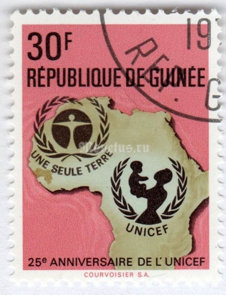 марка Гвинея 30 франков "UNICEF-Emblem, Map of Africa*" 1971 год Гашение