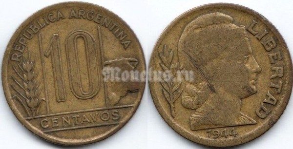 монета Аргентина 10 сентаво 1944 год