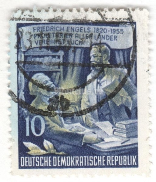марка ГДР 10 пфенниг "Marx and Engels, Communist Manifesto" 1955 год Гашение