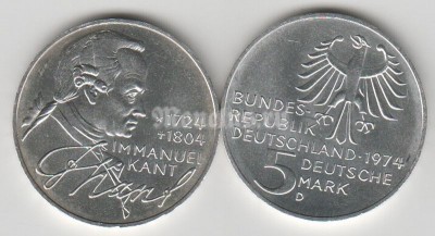 монета Германия 5 марок 1974D год 250 лет со дня рождения философа Иммануила Канта