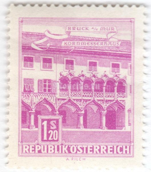 марка Австрия 1,20 шиллинга "Kornmesser House, Bruck a. d. Mur (Styria)" 1962 год