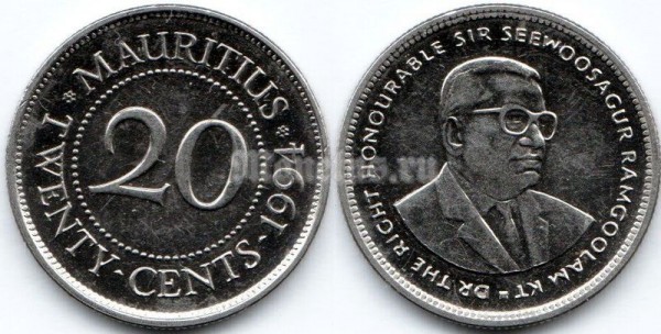 монета Маврикий 20 центов 1994 год