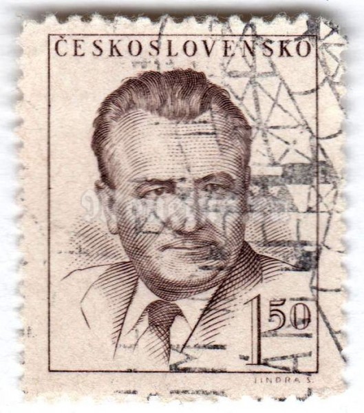 марка Чехословакия 1,50 кроны "Klement Gottwald (1896-1953), president*" 1948 год Гашение