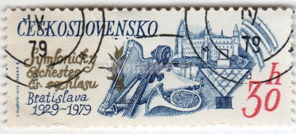 марка Чехословакия 30 геллер "The 50th Anniversary of Radio Symphony Orchestra, Bratislava" 1979 год Гашение
