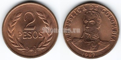 монета Колумбия 2 песо 1987 год