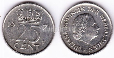 монета Нидерланды 25 центов 1971 год